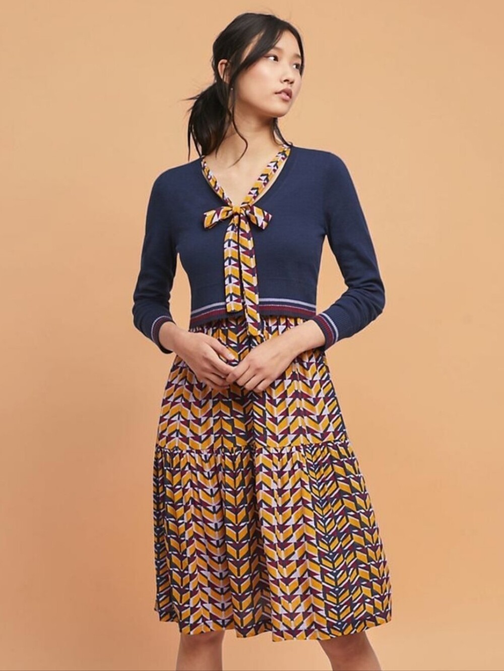 Anthropologie × Maeve Layered Dress Chevron Skirt Sweater Top Bow Tie Neck S